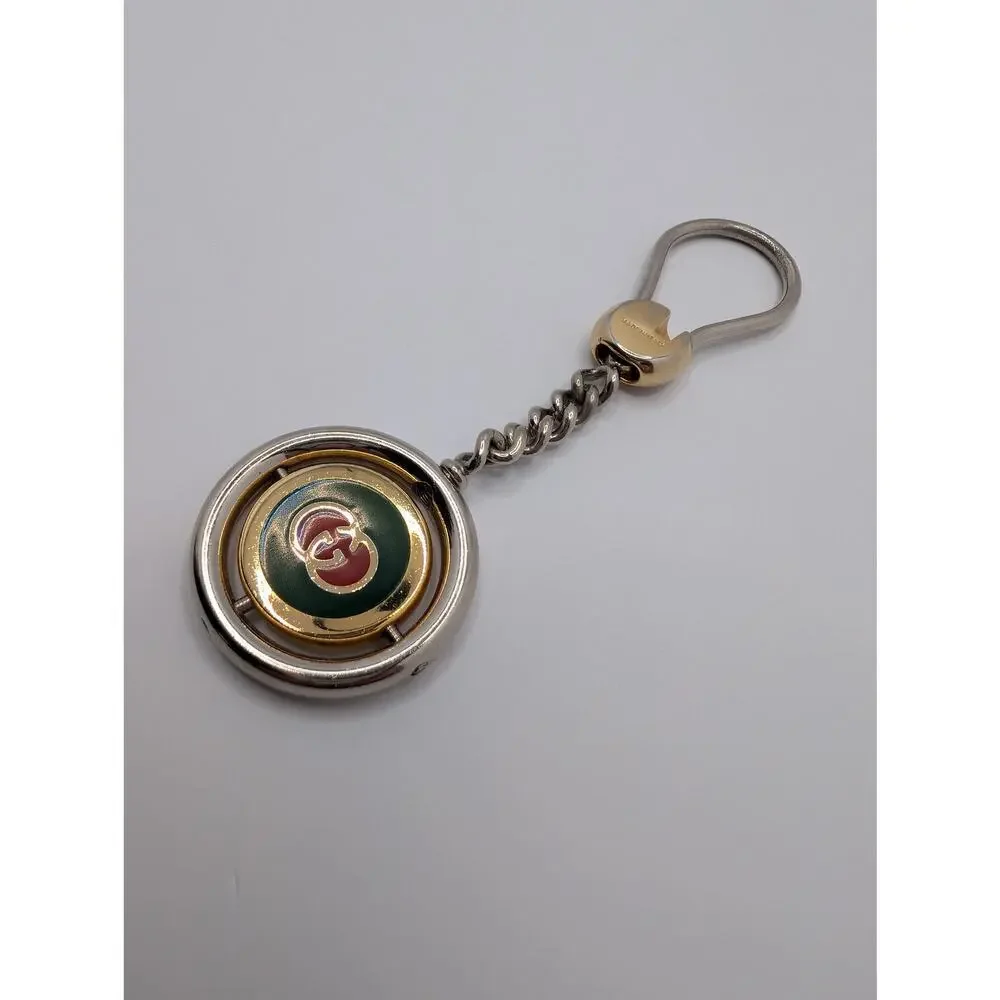 Vintage Gucci Round GG Enamel Keychain Two-Tone Green Red Made in Italy